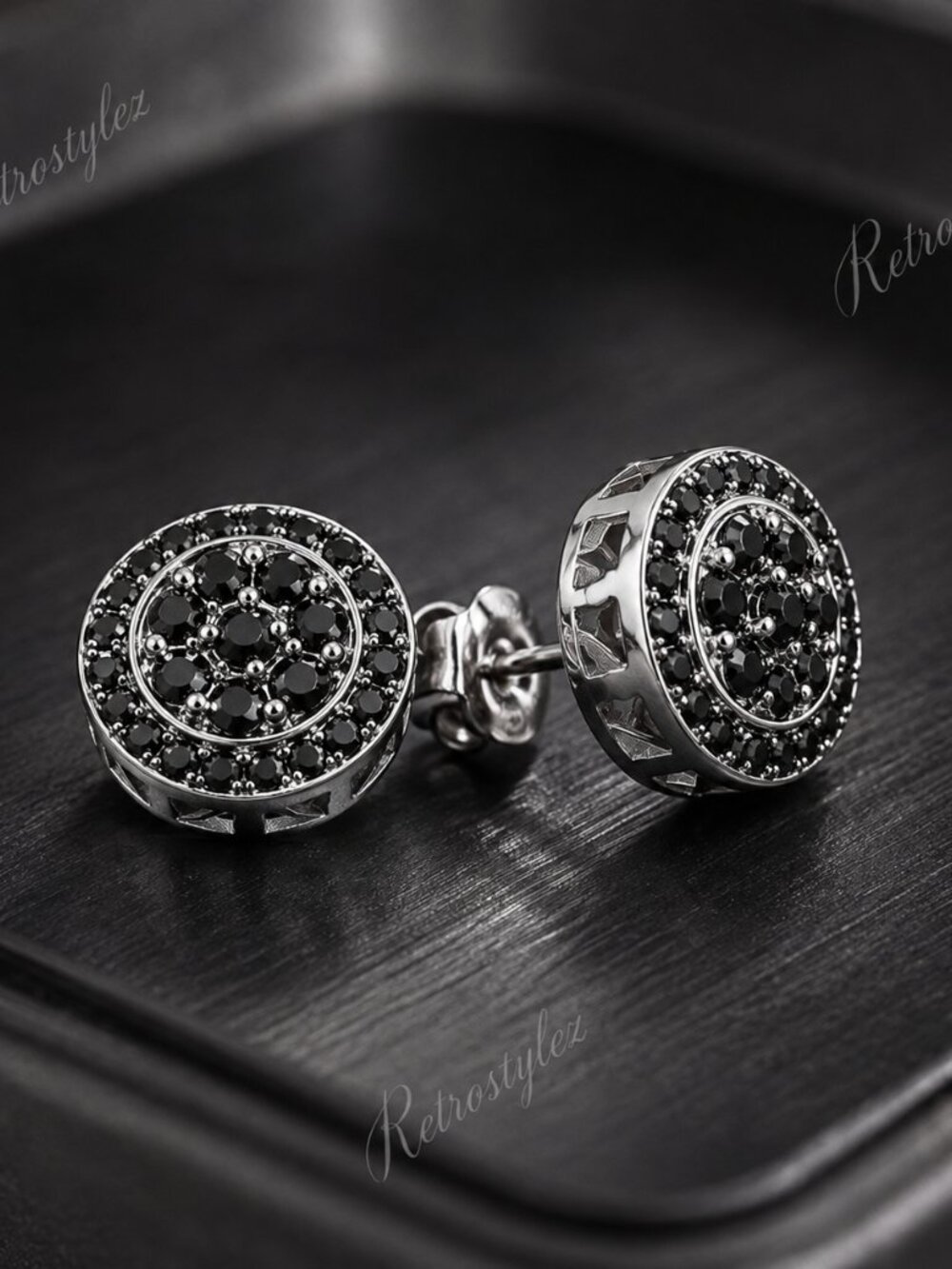 925 Sterling Silver Mens 2ct Black Diamond Round Stud Earrings Guys New Jewelry